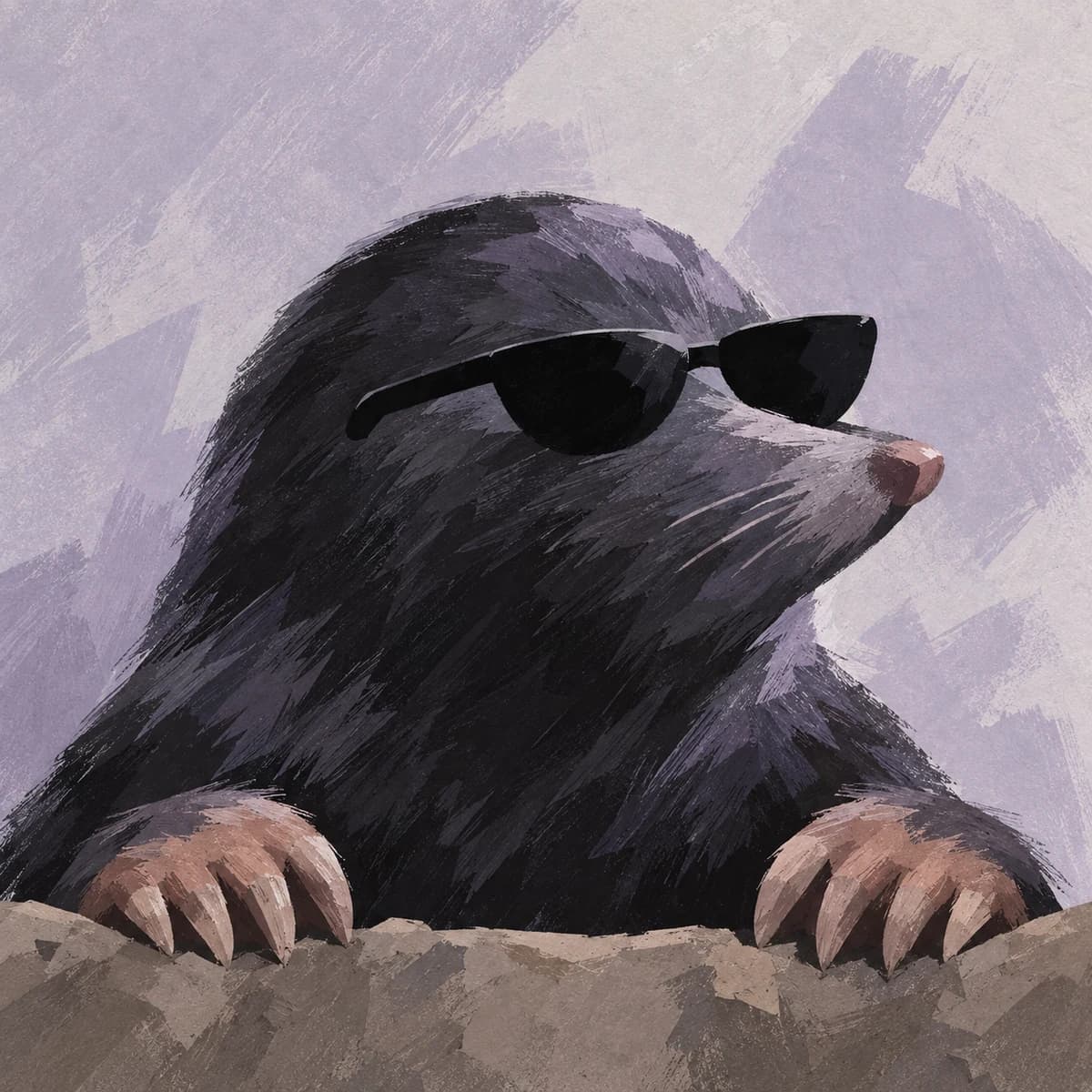 A toupeira da Toca, de óculos escuros e patas apoiadas na entrada da toca, em uma pintura de tons carvão e lilás